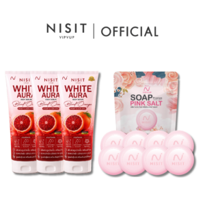 นิสิตกลูต้า ไวท์ออร่า 3 ขวด + สบู่นิสิต 8 ก้อน